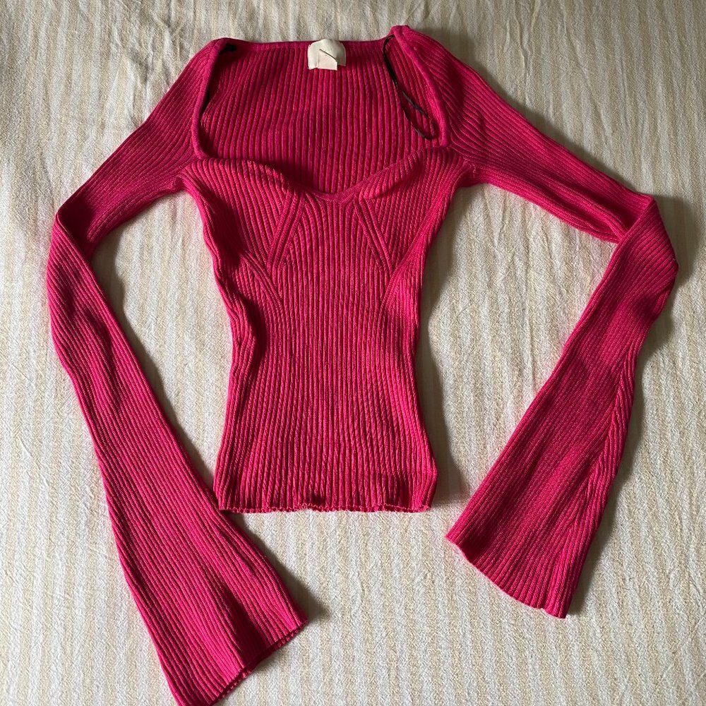 Pink, ribbed bell sleeve, sweet heart neckline long sleeve shirt
